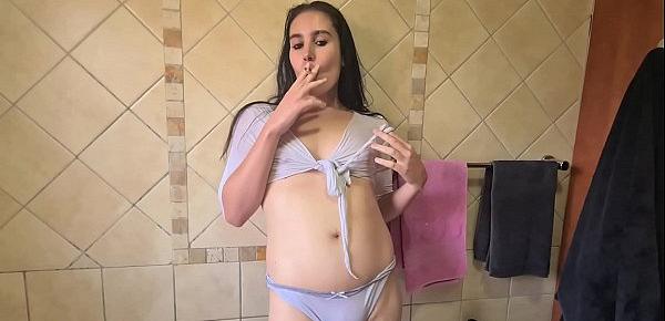  Smoking in wet see through shirt and panty